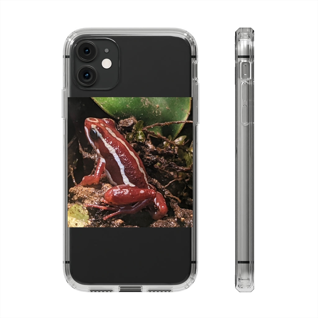 Red Frog Clear Case showcasing a crystal clear design with cushioned TPU edges, protecting a smartphone.