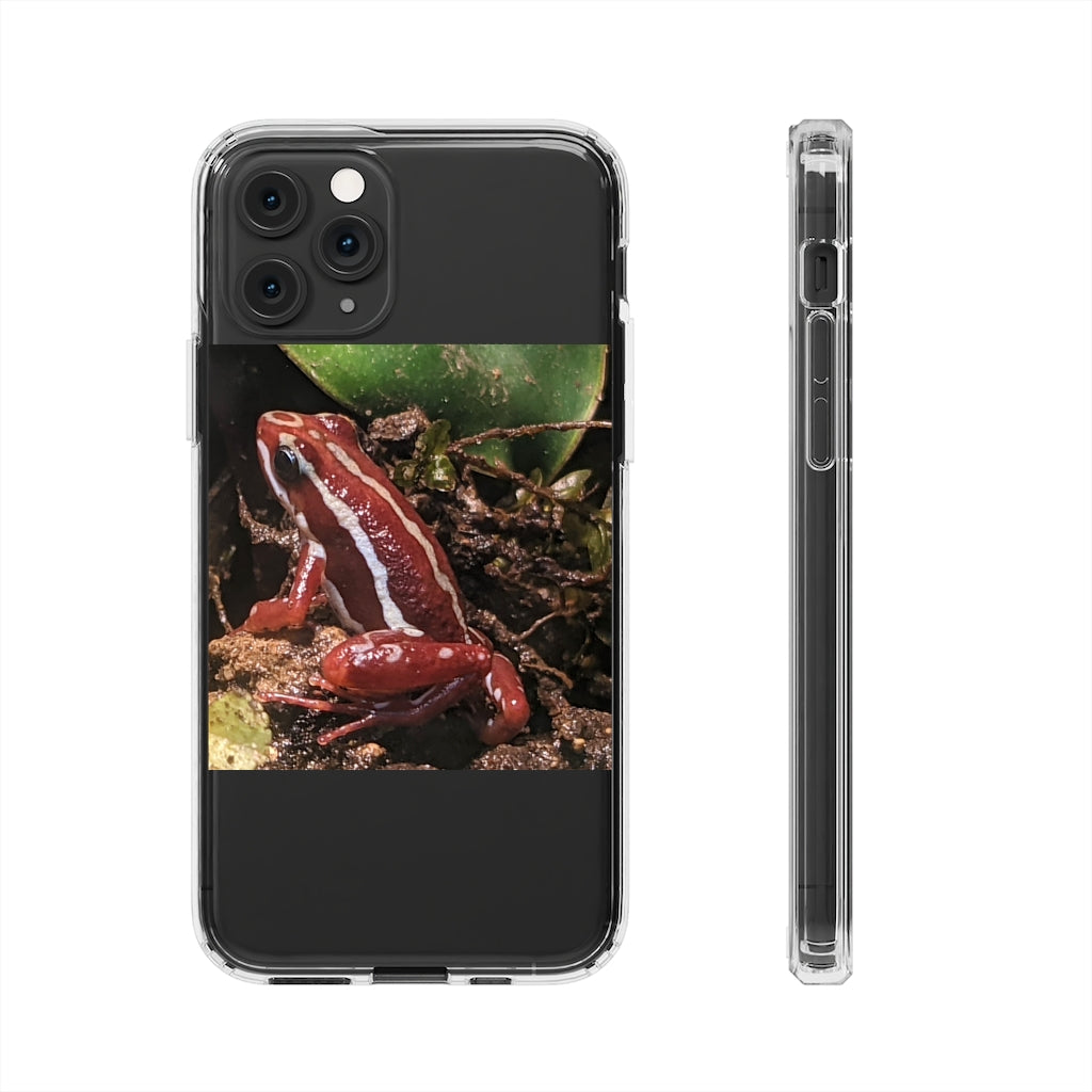 Red Frog Clear Case showcasing a crystal clear design with cushioned TPU edges, protecting a smartphone.