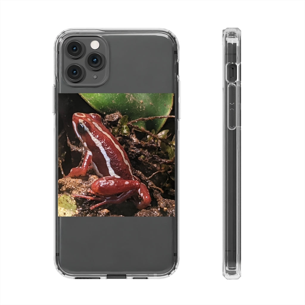 Red Frog Clear Case showcasing a crystal clear design with cushioned TPU edges, protecting a smartphone.