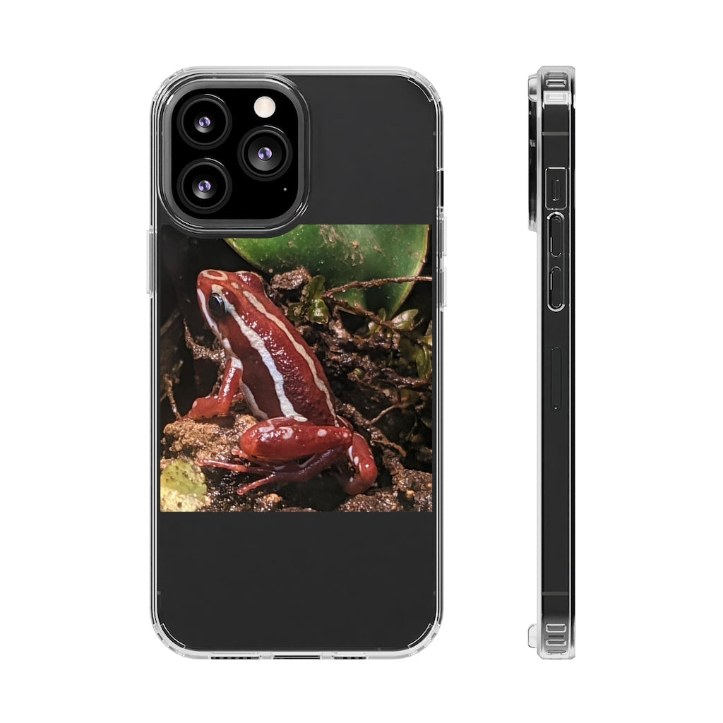 Red Frog Clear Case showcasing a crystal clear design with cushioned TPU edges, protecting a smartphone.