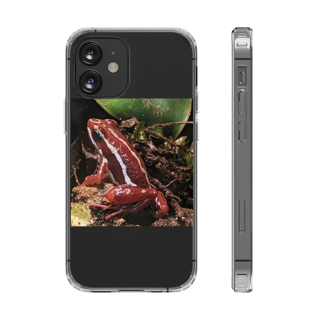 Red Frog Clear Case showcasing a crystal clear design with cushioned TPU edges, protecting a smartphone.