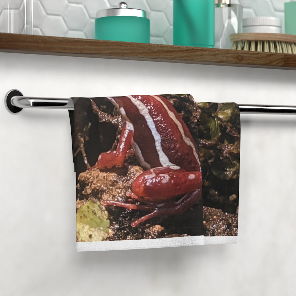 Red Frog Face Towel featuring a customizable polyester front and soft cotton back, ideal for personal designs.