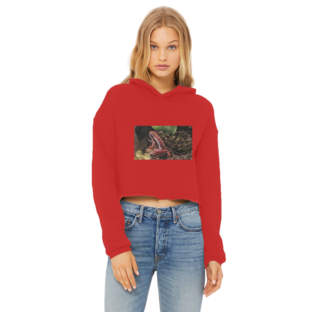 Red Frog Ladies Cropped Raw Edge Hoodie showcasing a stylish design with a raw edge hem and double fabric hood, perfect for casual wear and customization.