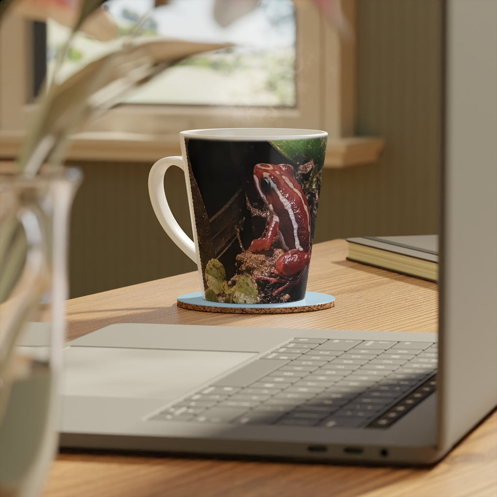 A stylish Red Frog Latte Mug, 12oz, made of durable white ceramic with a scratch-resistant finish and an easy-grip handle.