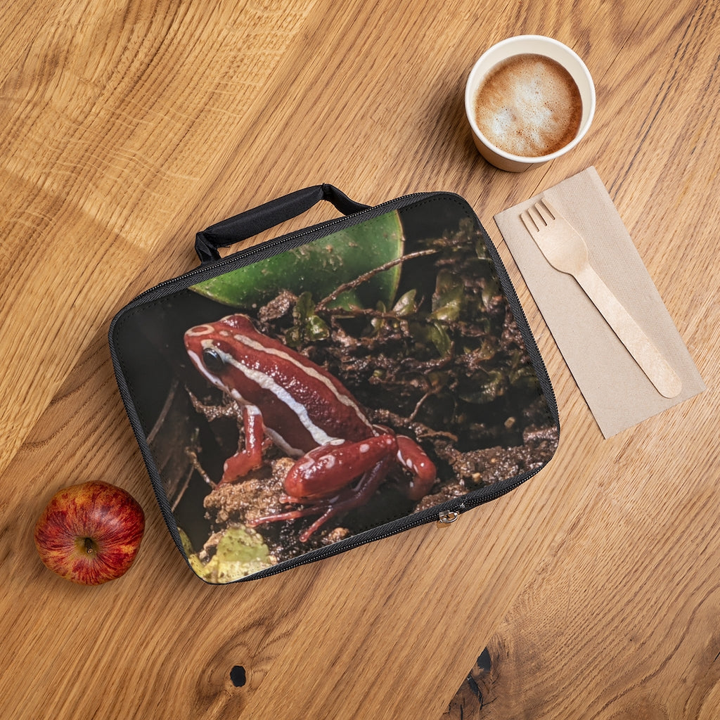 Red Frog Lunch Bag featuring a black base and customizable white area, designed for adults and kids with zippered closure and carrying handle.