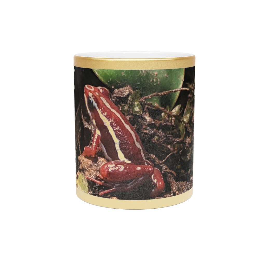 Red Frog Metallic Mug in Silver and Gold finishes, showcasing personalized designs and a stylish C-handle.