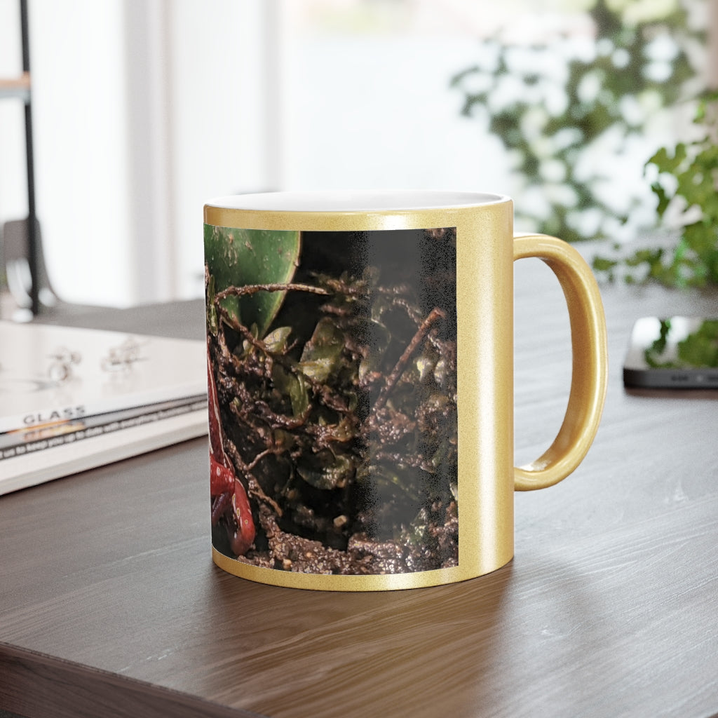 Red Frog Metallic Mug in Silver and Gold finishes, showcasing personalized designs and a stylish C-handle.