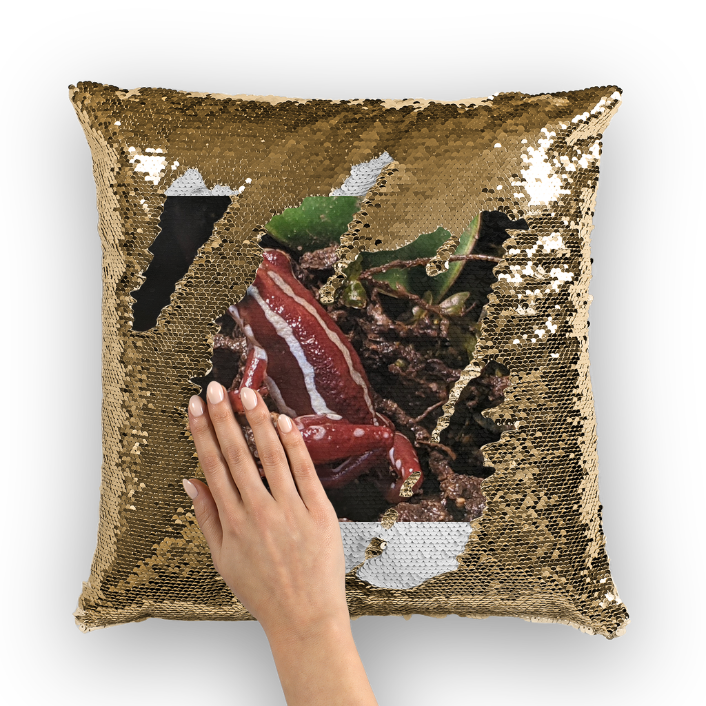 Red Frog Sequin Cushion Cover featuring a vibrant mermaid design with shimmering sequins on the front.