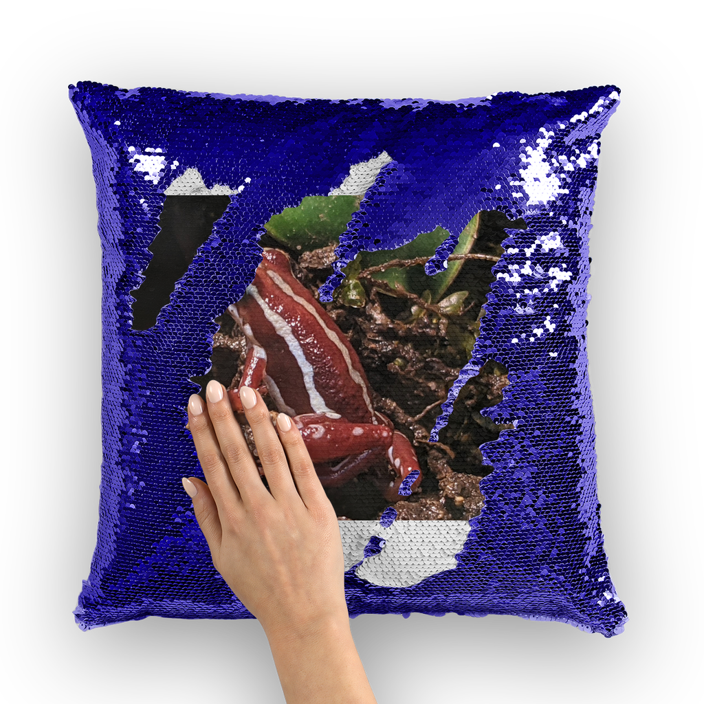 Red Frog Sequin Cushion Cover featuring a vibrant mermaid design with shimmering sequins on the front.