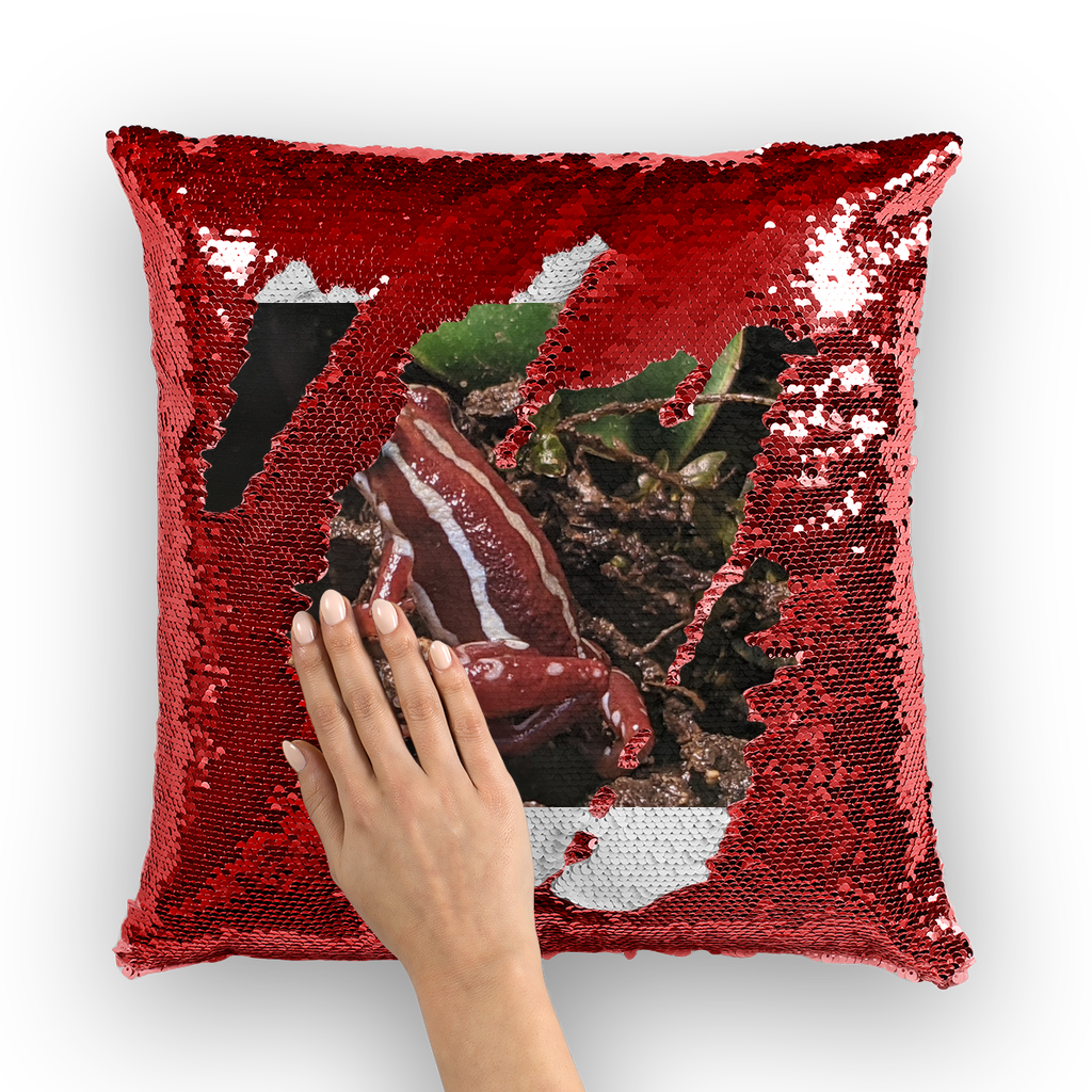 Red Frog Sequin Cushion Cover featuring a vibrant mermaid design with shimmering sequins on the front.