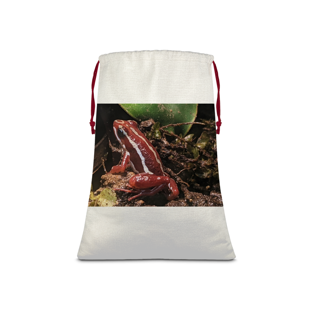 Red Frog Sublimation Linen Drawstring Sack with red drawstring, featuring eco-friendly printing and a linen effect, ideal for Christmas gifts and laundry.