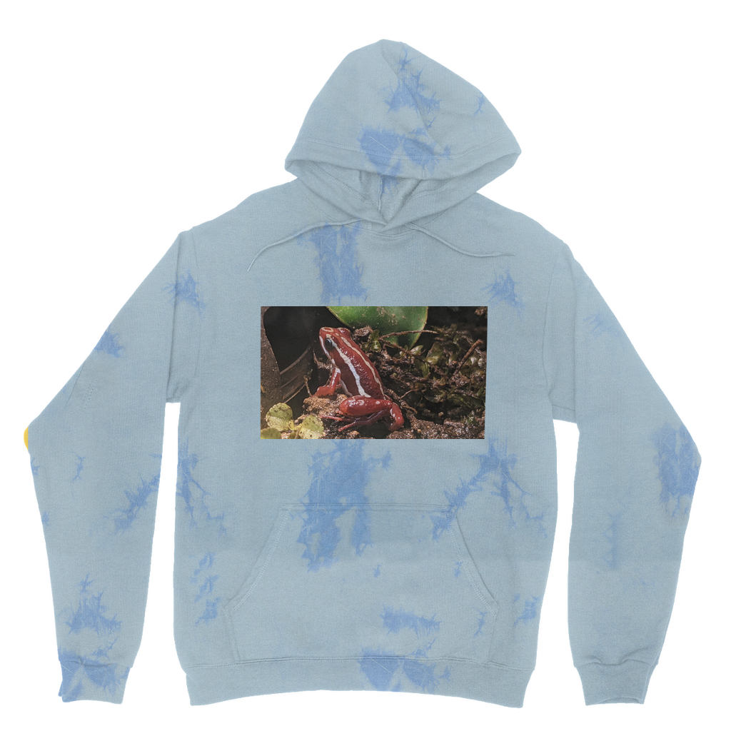 A vibrant Red Frog Tie Dye Hoodie featuring a unique pattern, double fabric hood, and kangaroo pouch pocket, perfect for casual wear.