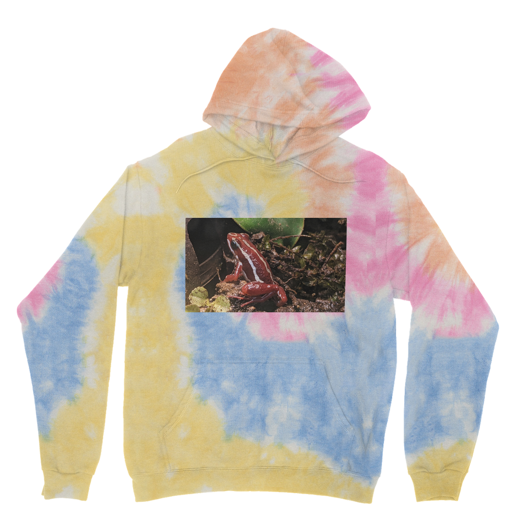 A vibrant Red Frog Tie Dye Hoodie featuring a unique pattern, double fabric hood, and kangaroo pouch pocket, perfect for casual wear.