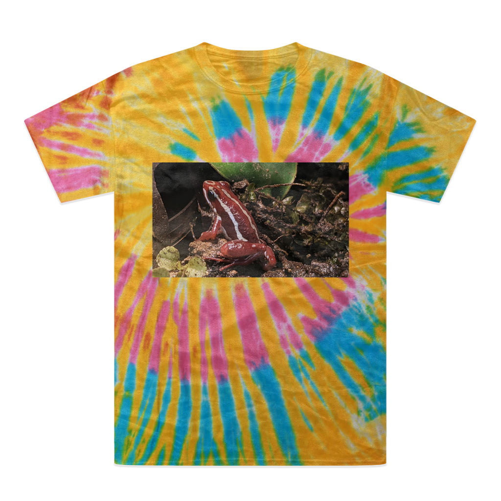 A vibrant Red Frog Tie-Dye T-Shirt showcasing unique patterns and colors, made from 100% heavyweight cotton with a double-needle stitched neckline.