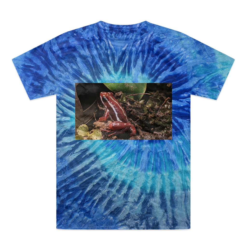 A vibrant Red Frog Tie-Dye T-Shirt showcasing unique patterns and colors, made from 100% heavyweight cotton with a double-needle stitched neckline.