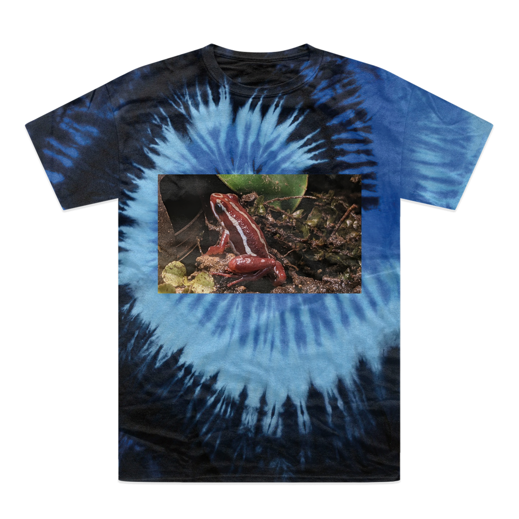 A vibrant Red Frog Tie-Dye T-Shirt showcasing unique patterns and colors, made from 100% heavyweight cotton with a double-needle stitched neckline.