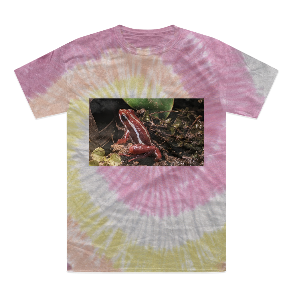 A vibrant Red Frog Tie-Dye T-Shirt showcasing unique patterns and colors, made from 100% heavyweight cotton with a double-needle stitched neckline.