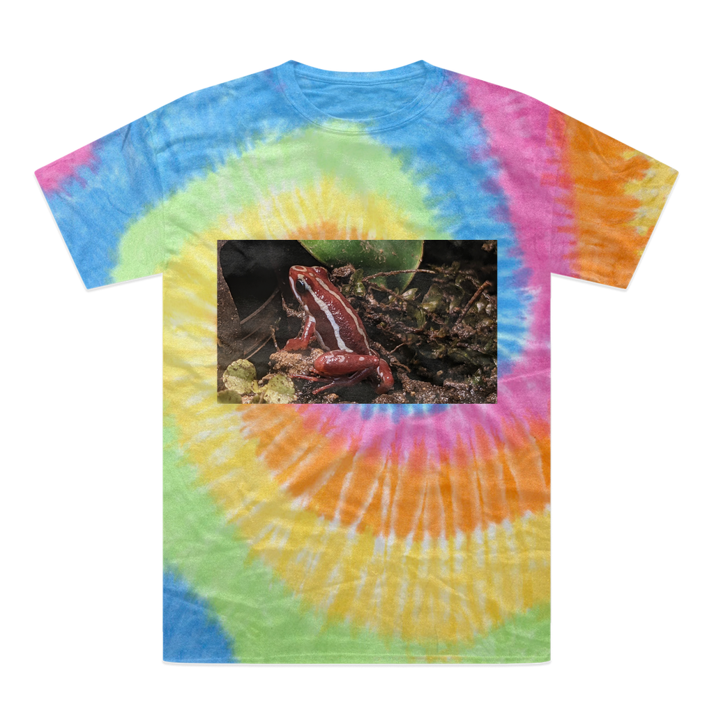 A vibrant Red Frog Tie-Dye T-Shirt showcasing unique patterns and colors, made from 100% heavyweight cotton with a double-needle stitched neckline.