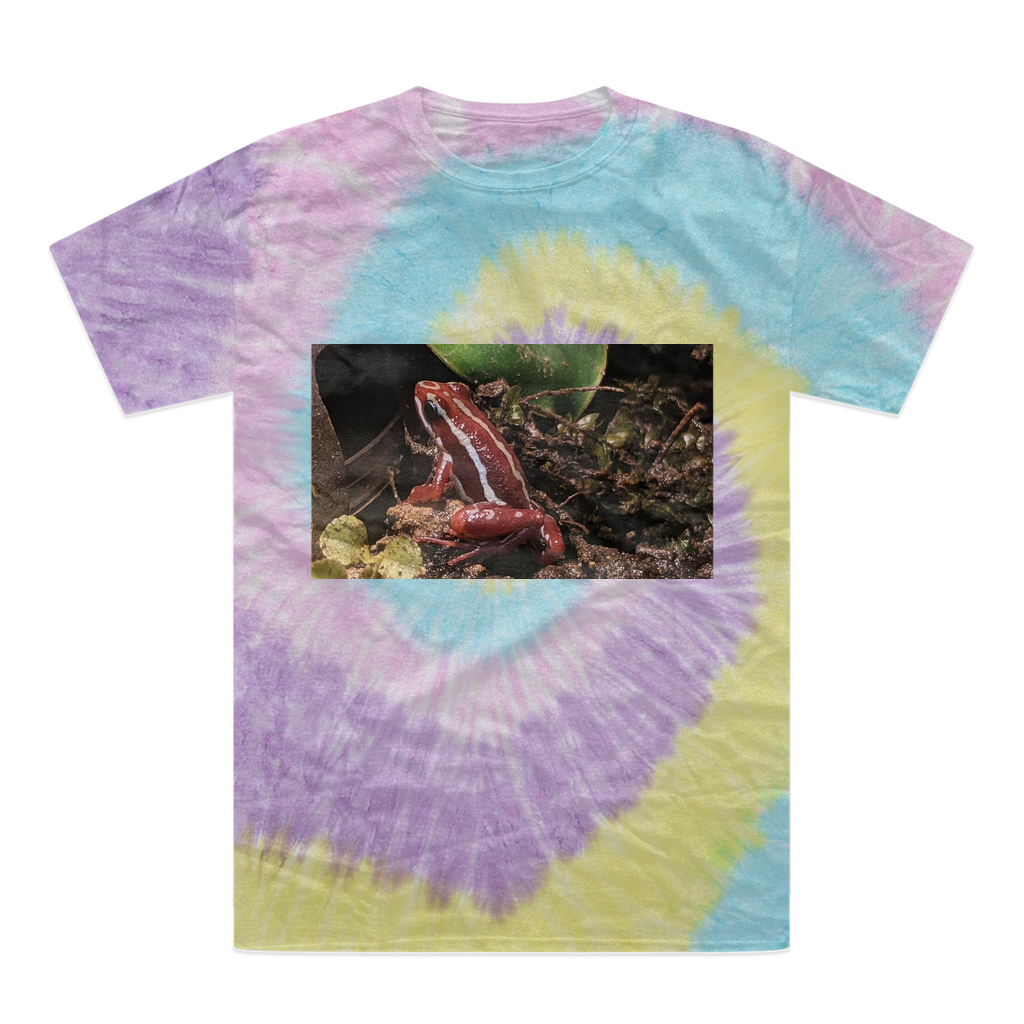 A vibrant Red Frog Tie-Dye T-Shirt showcasing unique patterns and colors, made from 100% heavyweight cotton with a double-needle stitched neckline.