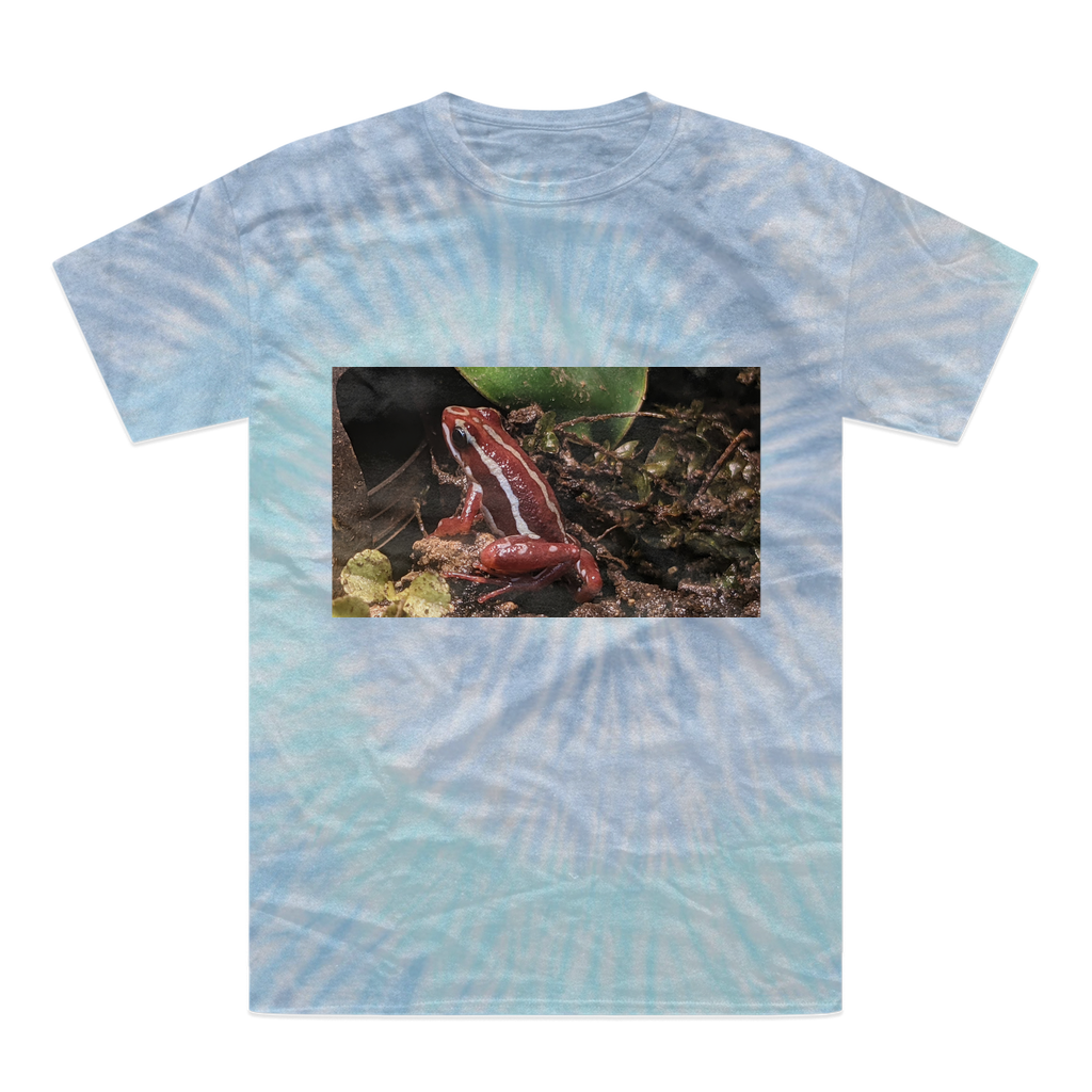 A vibrant Red Frog Tie-Dye T-Shirt showcasing unique patterns and colors, made from 100% heavyweight cotton with a double-needle stitched neckline.