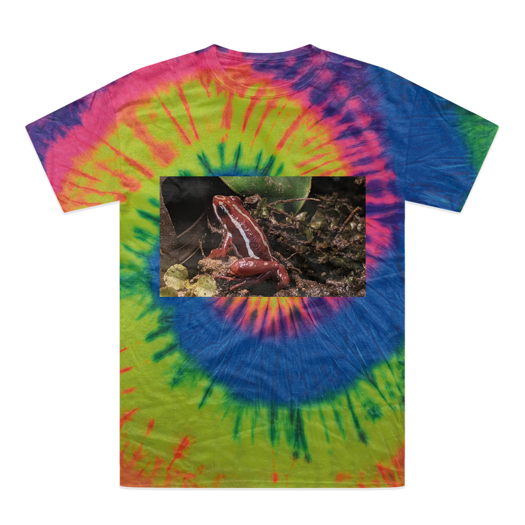 A vibrant Red Frog Tie-Dye T-Shirt showcasing unique patterns and colors, made from 100% heavyweight cotton with a double-needle stitched neckline.