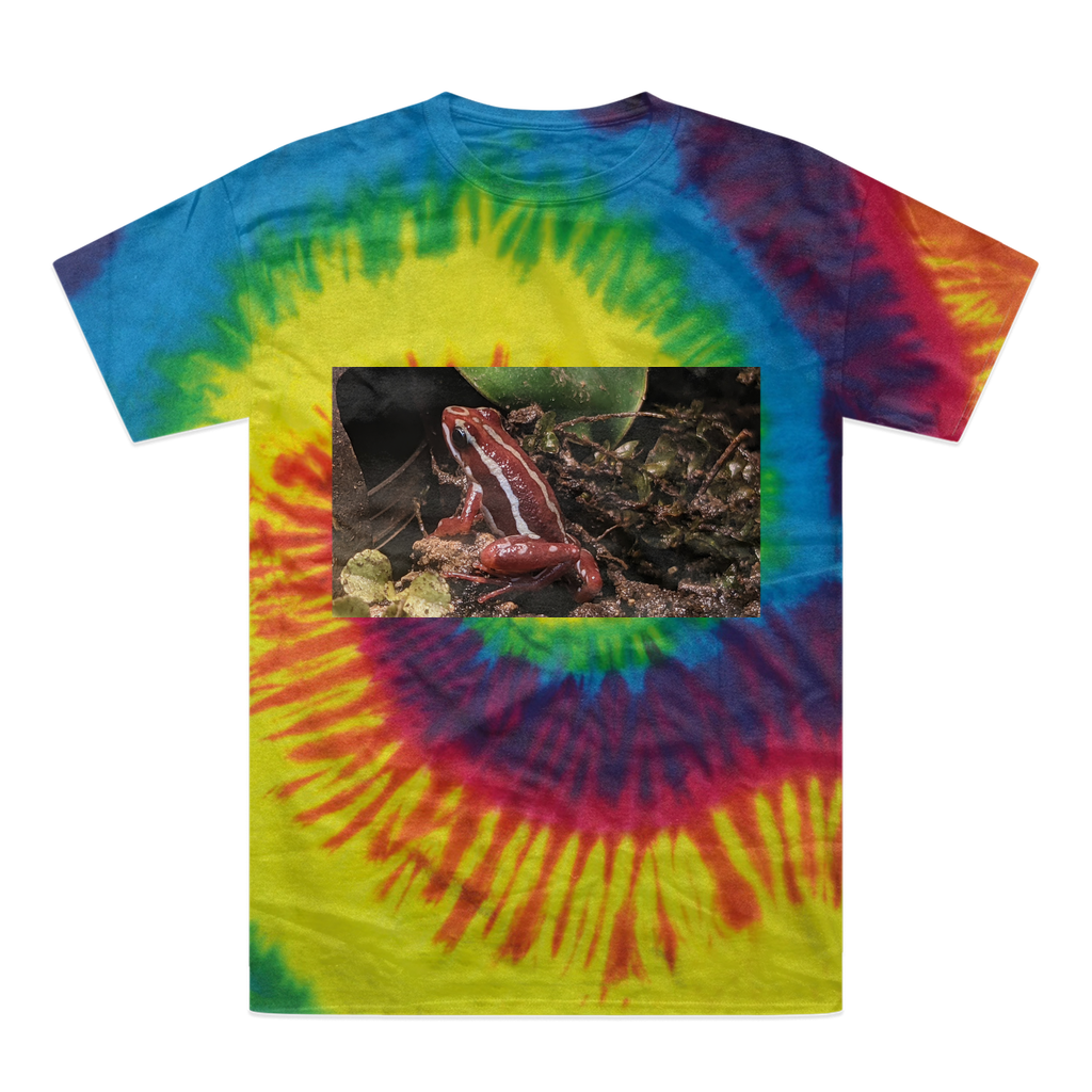 A vibrant Red Frog Tie-Dye T-Shirt showcasing unique patterns and colors, made from 100% heavyweight cotton with a double-needle stitched neckline.