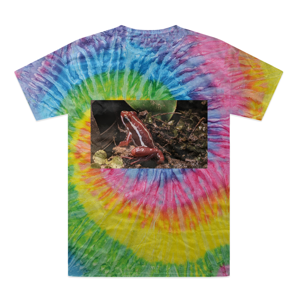 A vibrant Red Frog Tie-Dye T-Shirt showcasing unique patterns and colors, made from 100% heavyweight cotton with a double-needle stitched neckline.