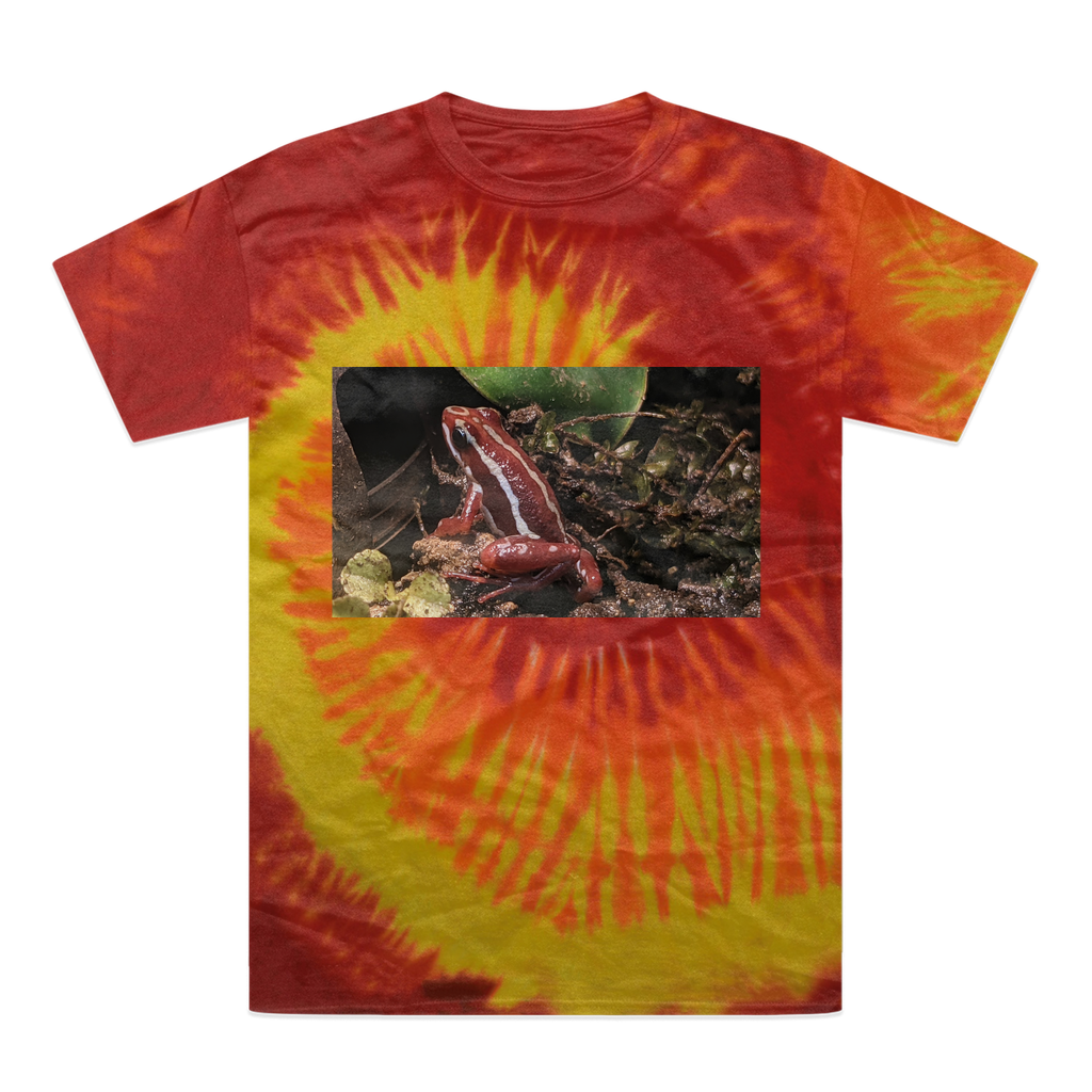 A vibrant Red Frog Tie-Dye T-Shirt showcasing unique patterns and colors, made from 100% heavyweight cotton with a double-needle stitched neckline.