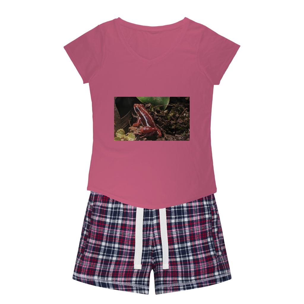 Red Frog Women's Sleepy Tee and Flannel Short set featuring a relaxed fit T-shirt and vibrant flannel shorts, perfect for cozy nights.