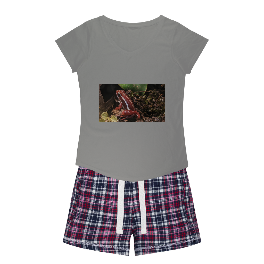 Red Frog Women's Sleepy Tee and Flannel Short set featuring a relaxed fit T-shirt and vibrant flannel shorts, perfect for cozy nights.