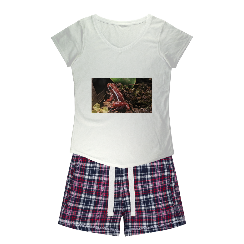 Red Frog Women's Sleepy Tee and Flannel Short set featuring a relaxed fit T-shirt and vibrant flannel shorts, perfect for cozy nights.