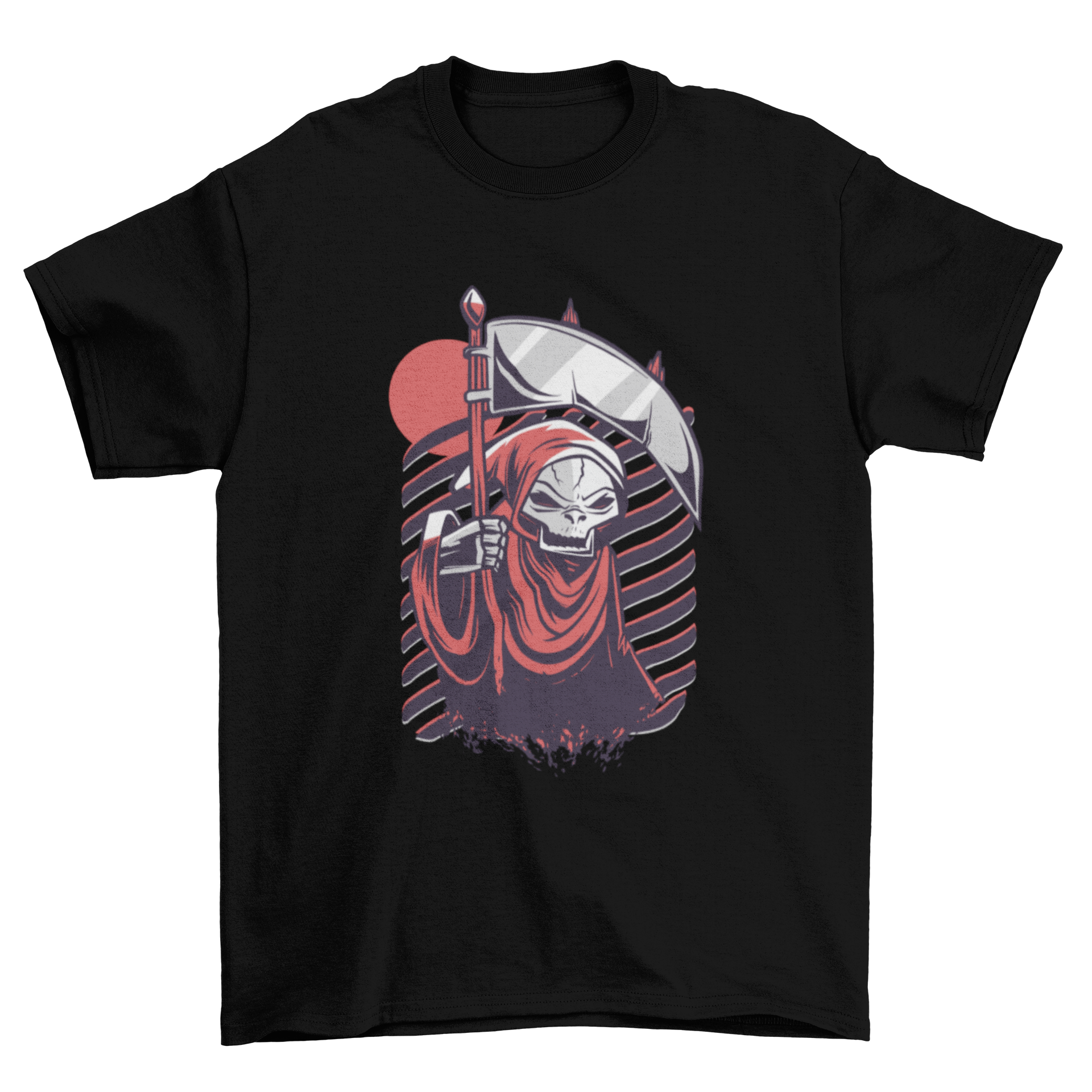 A red t-shirt featuring a detailed illustration of the grim reaper, showcasing its eerie design.