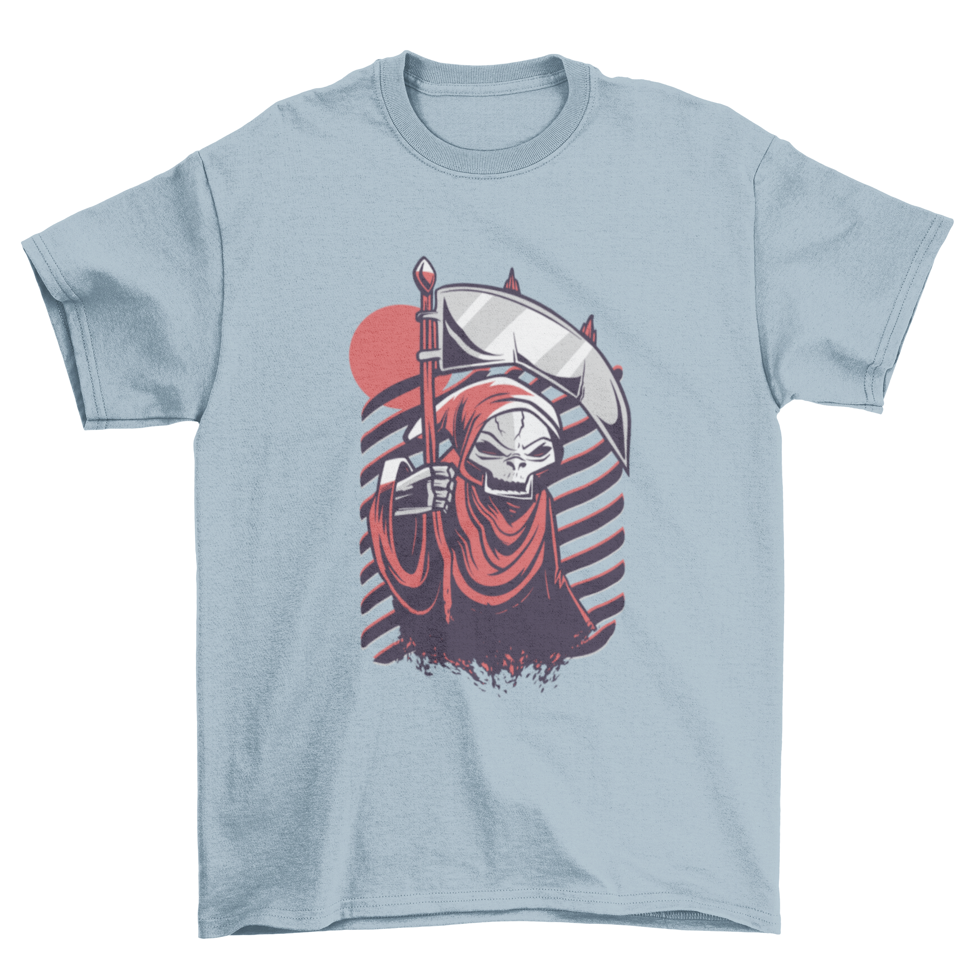 A red t-shirt featuring a detailed illustration of the grim reaper, showcasing its eerie design.