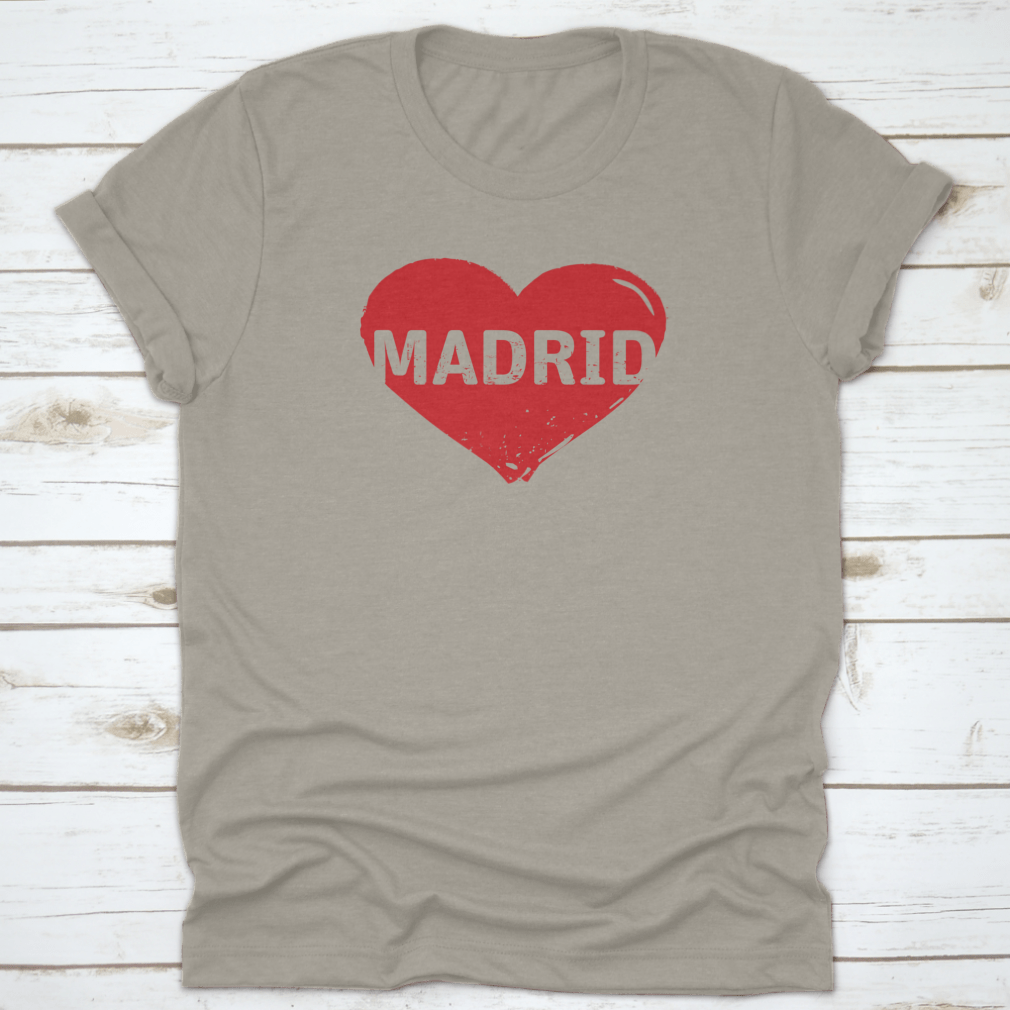 Red Grunge Heart Stamp t-shirt featuring a heart design symbolizing love for Madrid, made from 100% cotton.