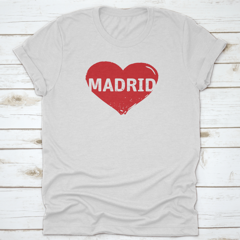 Red Grunge Heart Stamp t-shirt featuring a heart design symbolizing love for Madrid, made from 100% cotton.