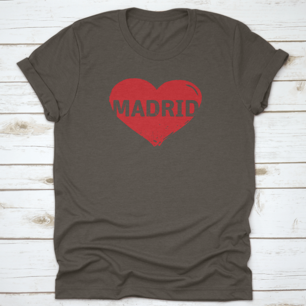 Red Grunge Heart Stamp t-shirt featuring a heart design symbolizing love for Madrid, made from 100% cotton.