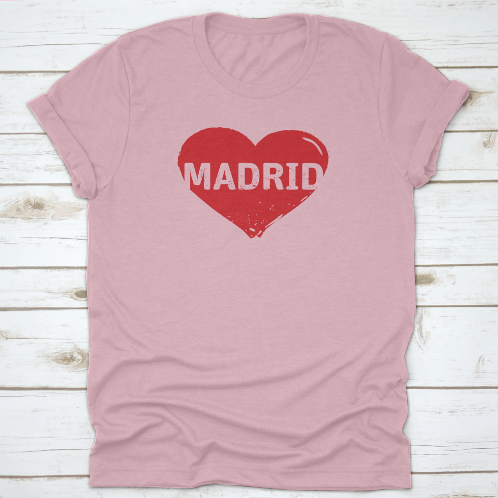 Red Grunge Heart Stamp t-shirt featuring a heart design symbolizing love for Madrid, made from 100% cotton.