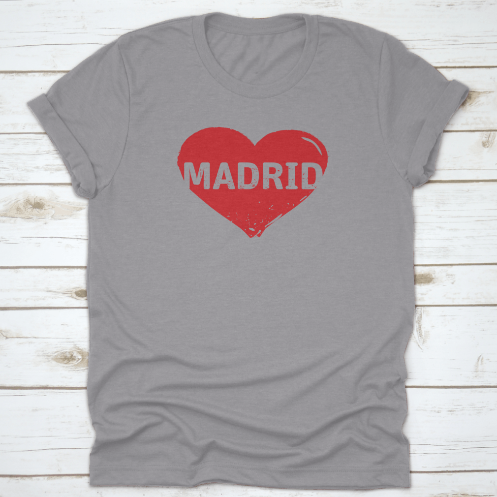 Red Grunge Heart Stamp t-shirt featuring a heart design symbolizing love for Madrid, made from 100% cotton.