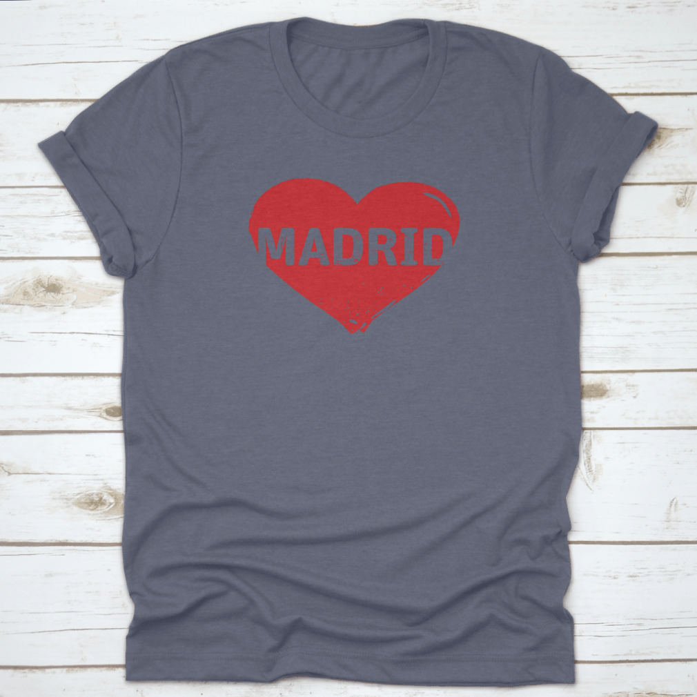 Red Grunge Heart Stamp t-shirt featuring a heart design symbolizing love for Madrid, made from 100% cotton.