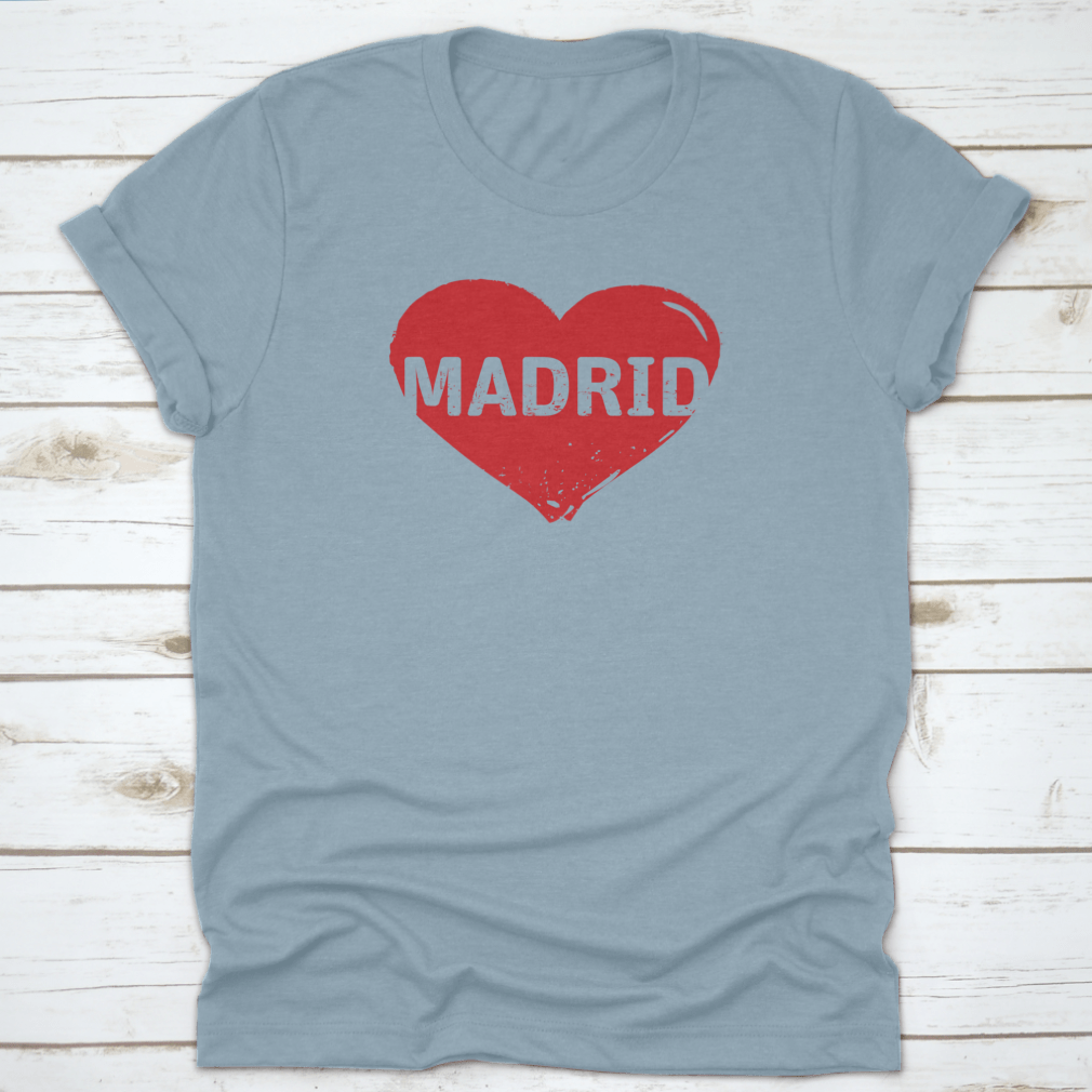 Red Grunge Heart Stamp t-shirt featuring a heart design symbolizing love for Madrid, made from 100% cotton.