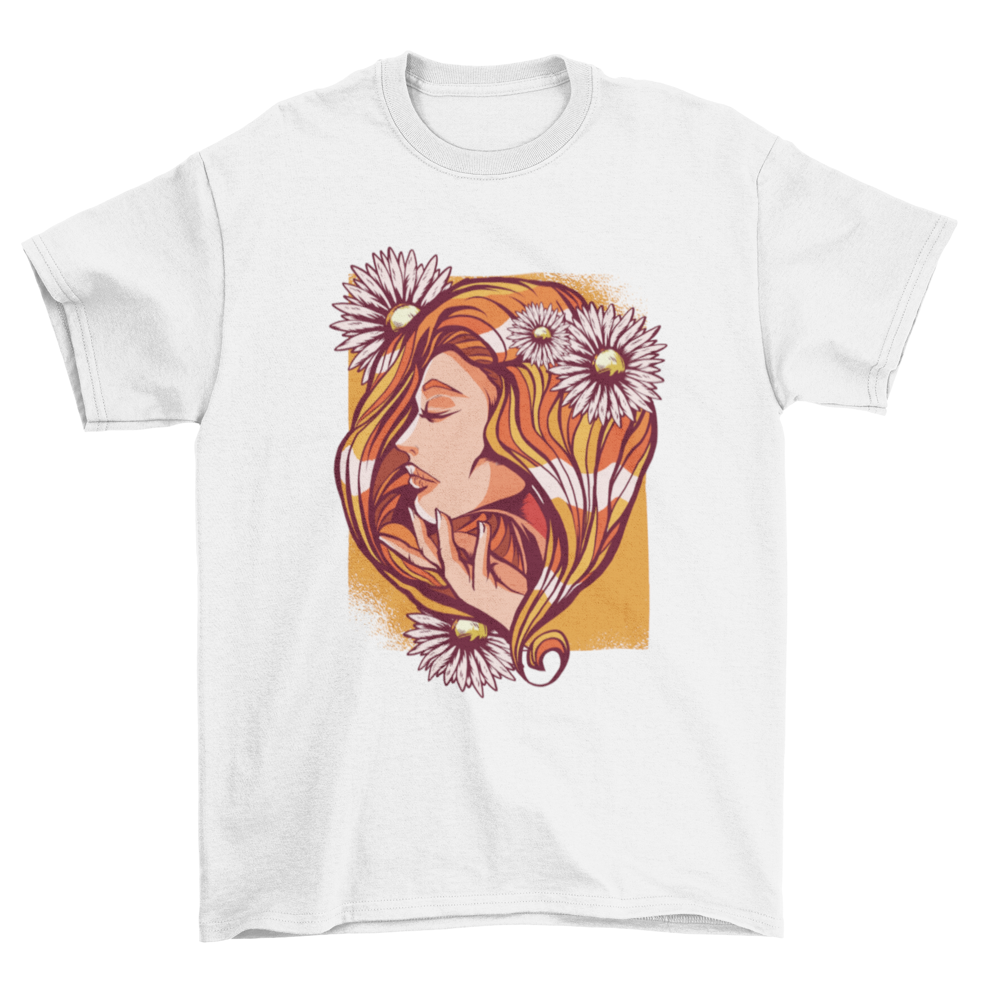 A stylish red haired woman t-shirt featuring an illustration of a woman's side profile with daisy flowers in her hair.