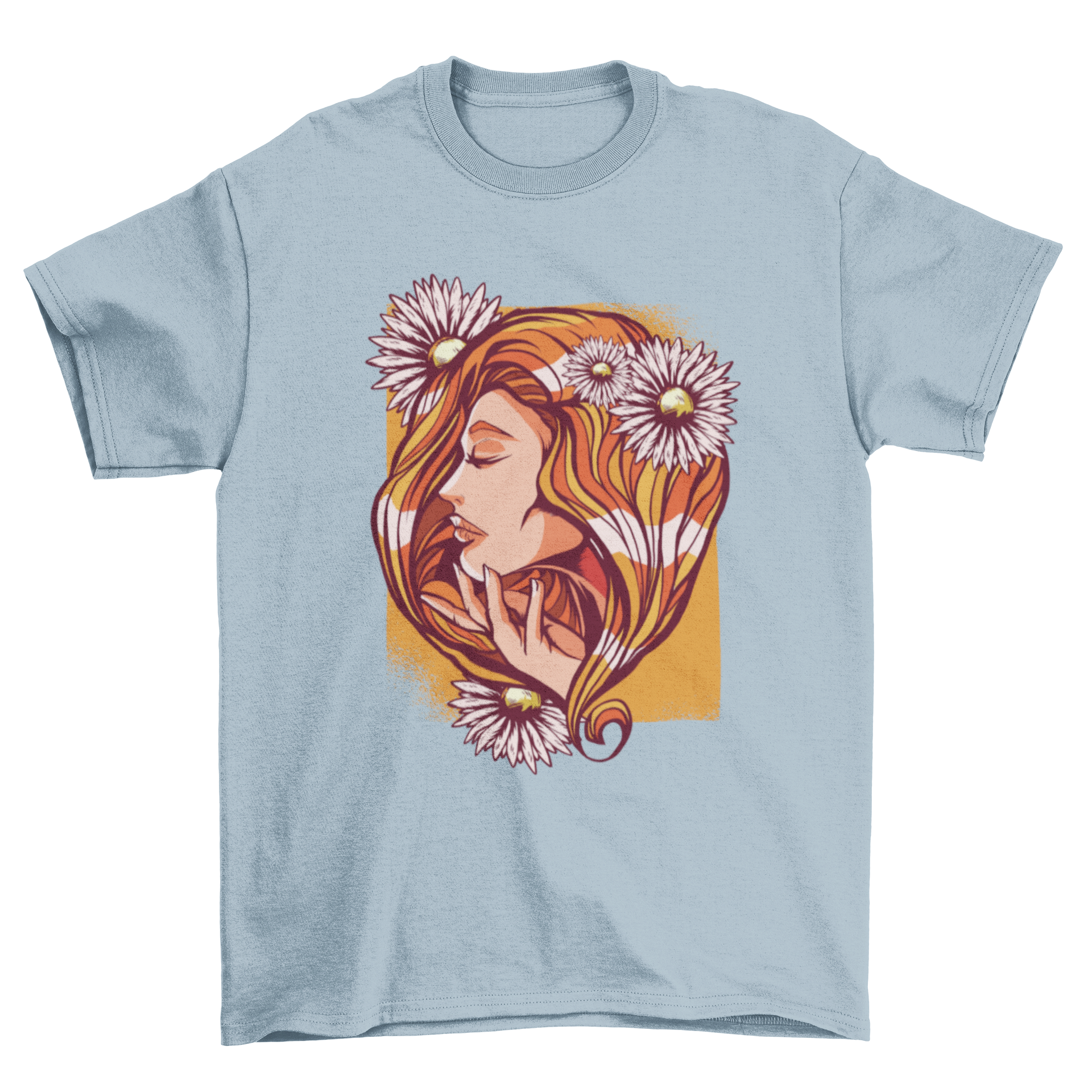 A stylish red haired woman t-shirt featuring an illustration of a woman's side profile with daisy flowers in her hair.