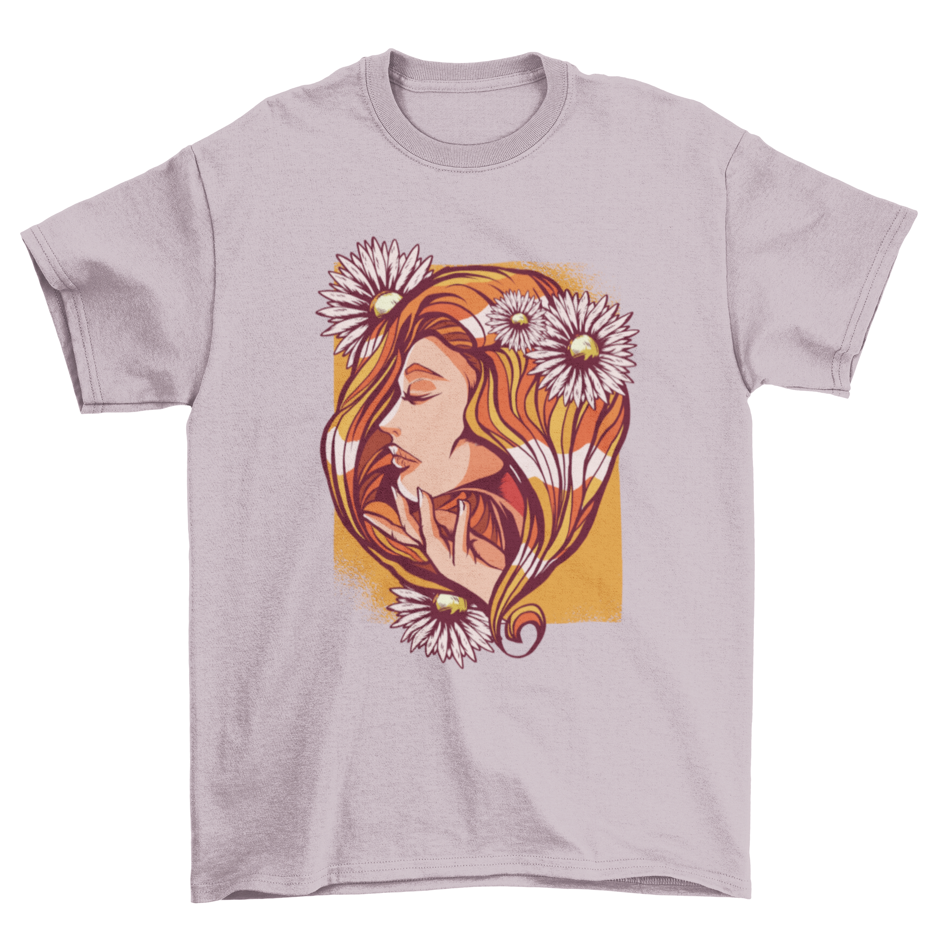 A stylish red haired woman t-shirt featuring an illustration of a woman's side profile with daisy flowers in her hair.