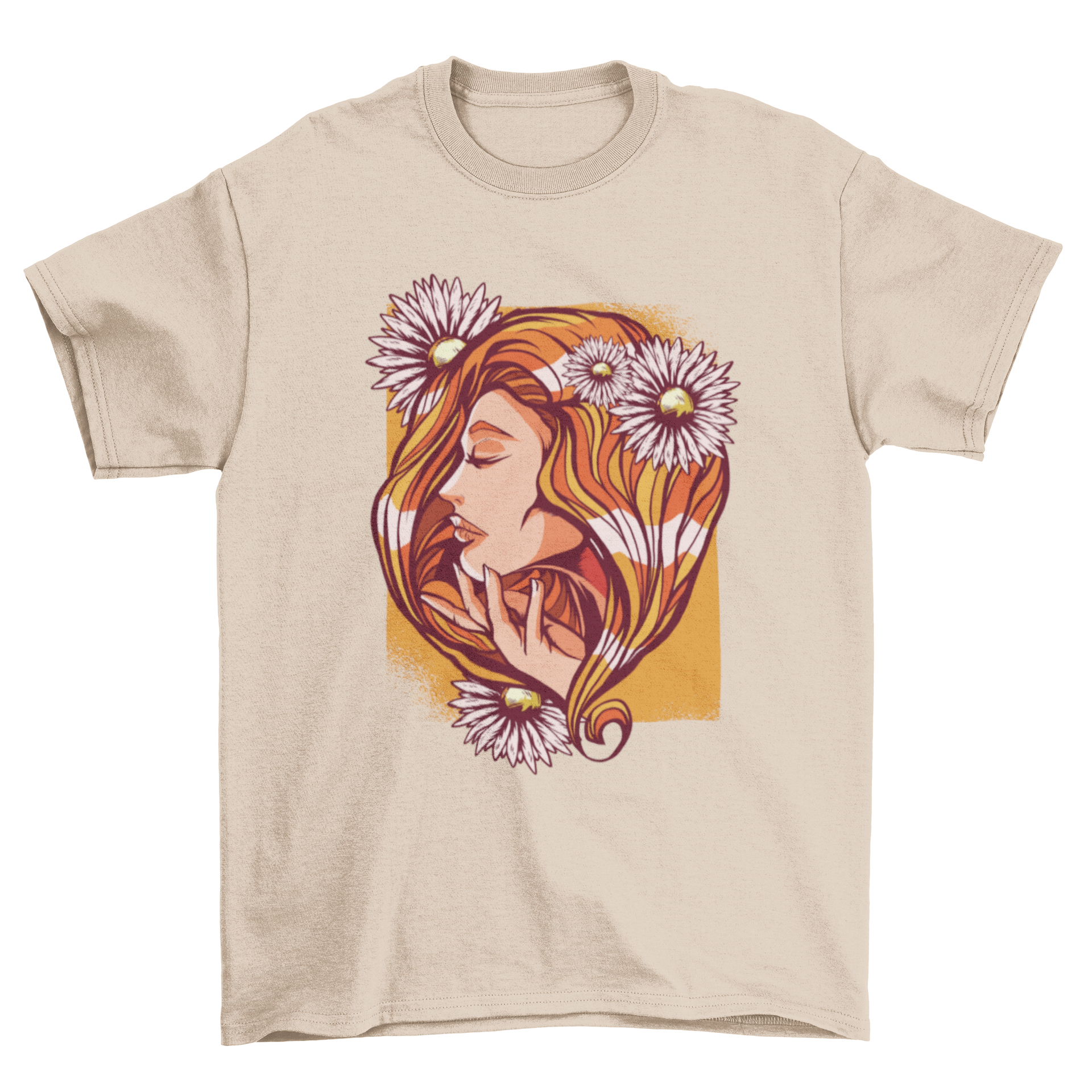 A stylish red haired woman t-shirt featuring an illustration of a woman's side profile with daisy flowers in her hair.