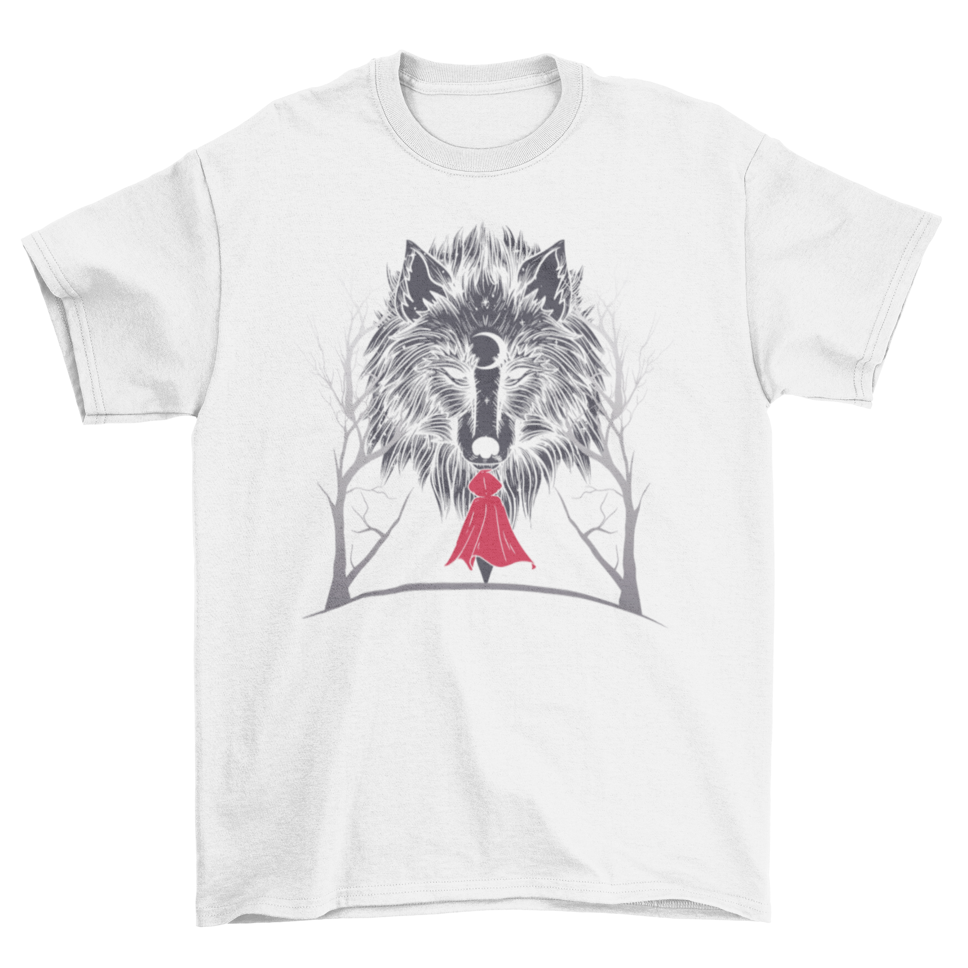 Red Hood Night T-Shirt featuring Little Red Riding Hood and a wolf illustration under a starry night sky.