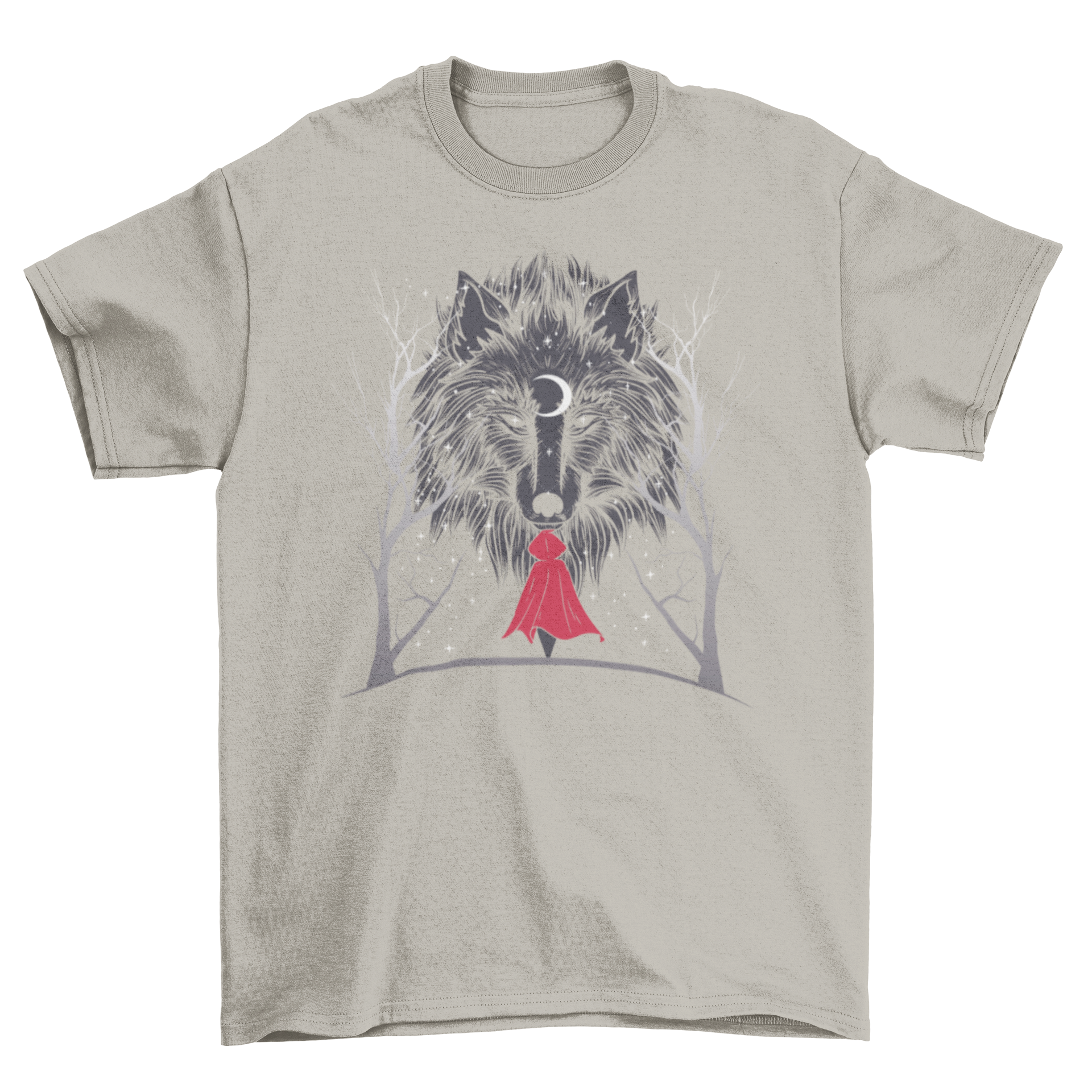 Red Hood Night T-Shirt featuring Little Red Riding Hood and a wolf illustration under a starry night sky.