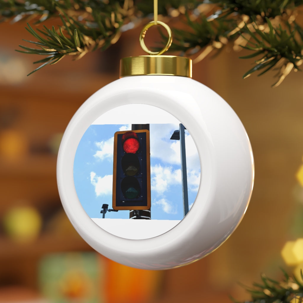 A vibrant red light Christmas ball ornament with a glossy finish and gold ribbon, featuring a vintage design and customizable metal insert.