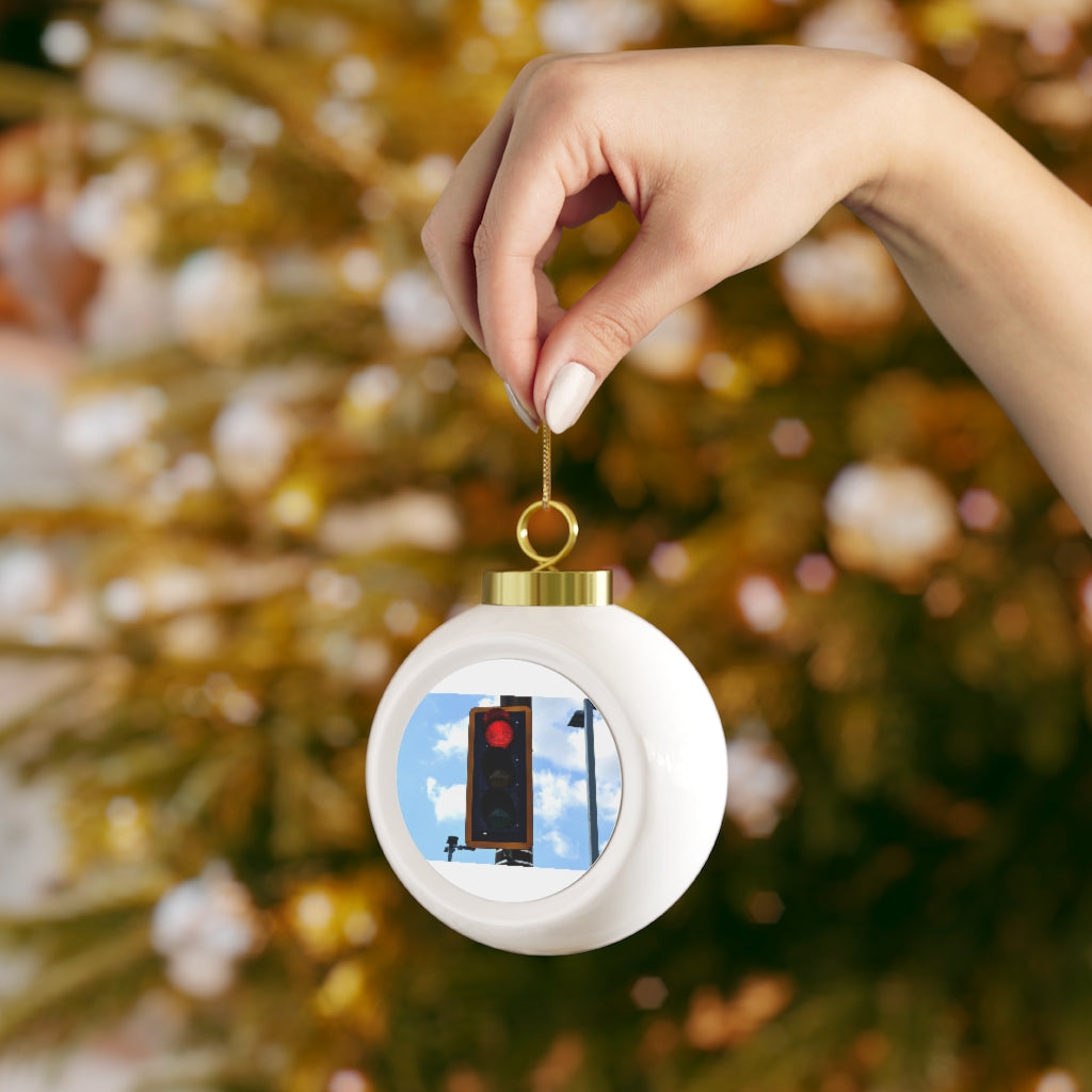 A vibrant red light Christmas ball ornament with a glossy finish and gold ribbon, featuring a vintage design and customizable metal insert.