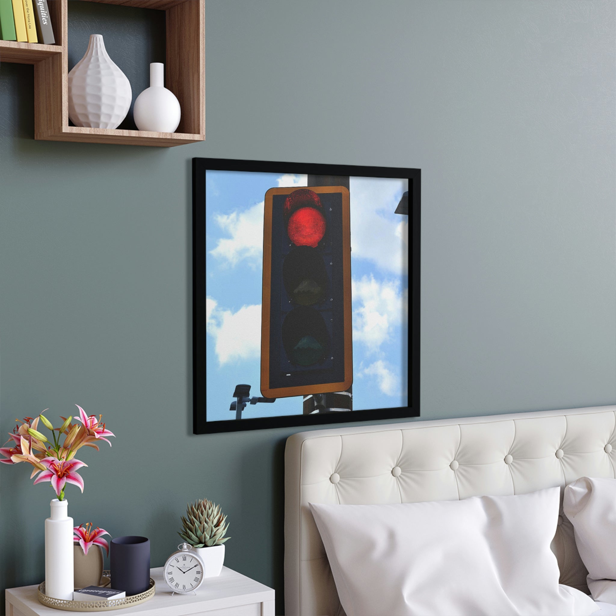 A beautifully framed Red Light poster showcasing vibrant colors in a handcrafted wooden frame, perfect for home decor.