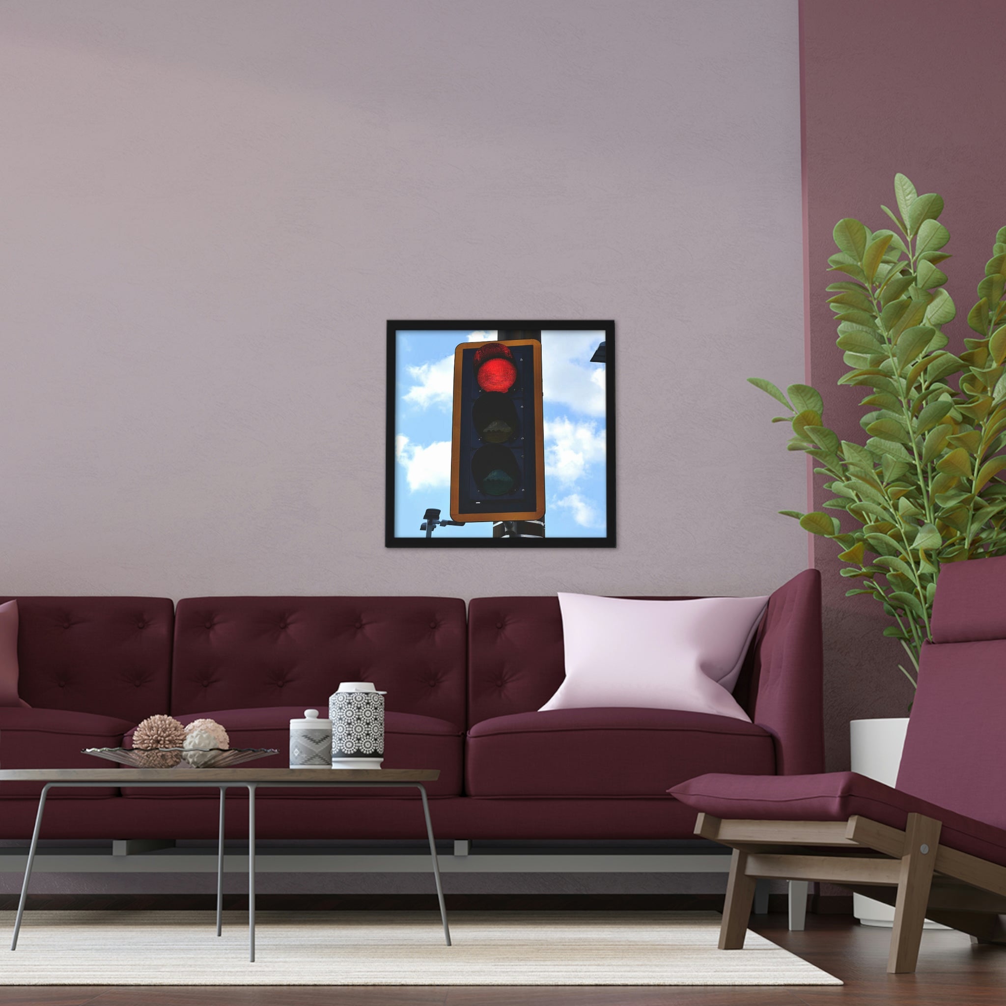 A beautifully framed Red Light poster showcasing vibrant colors in a handcrafted wooden frame, perfect for home decor.